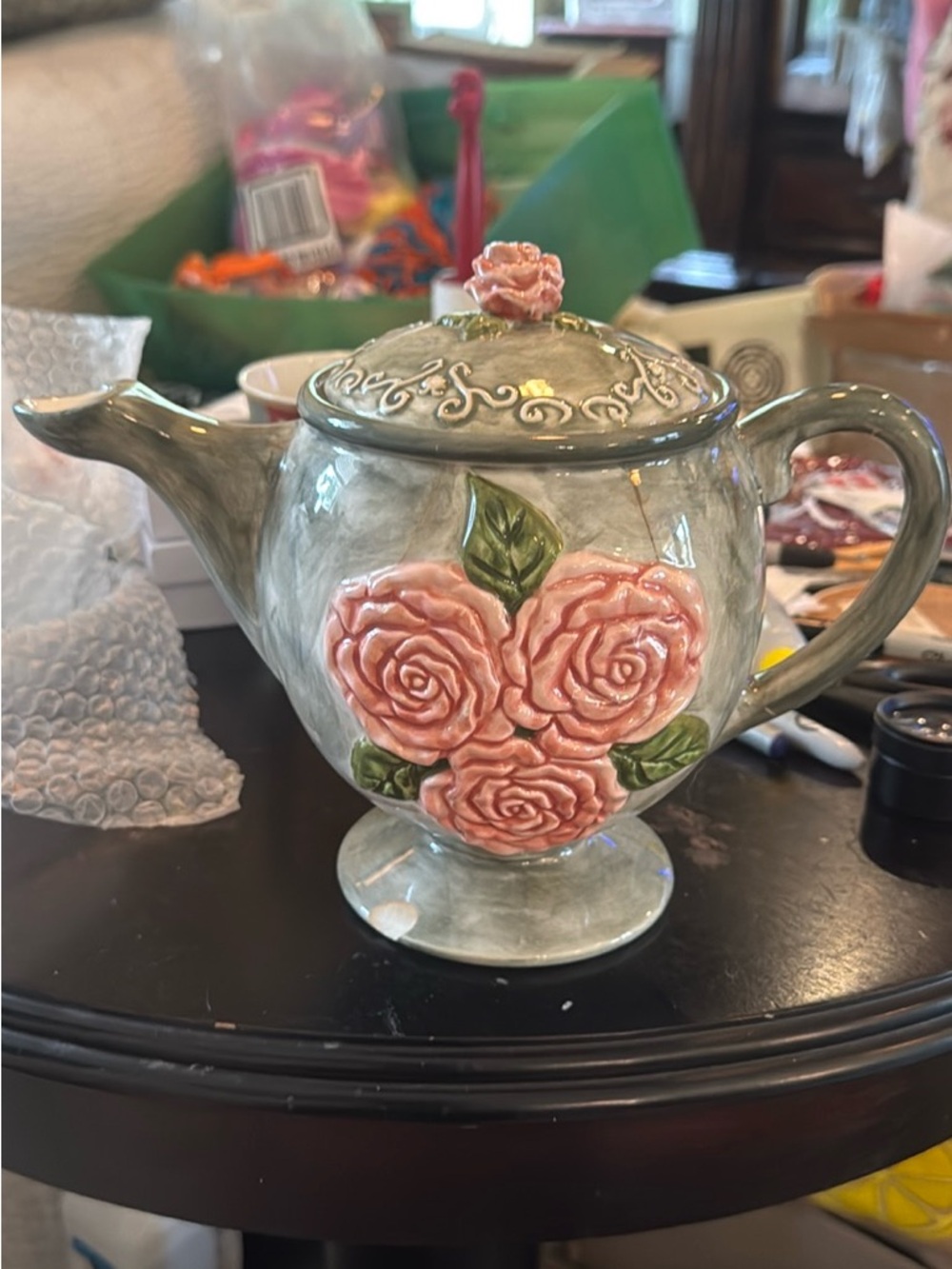 Hand-Painted Pink Rose Ceramic Teapot - Decorative Home Art
